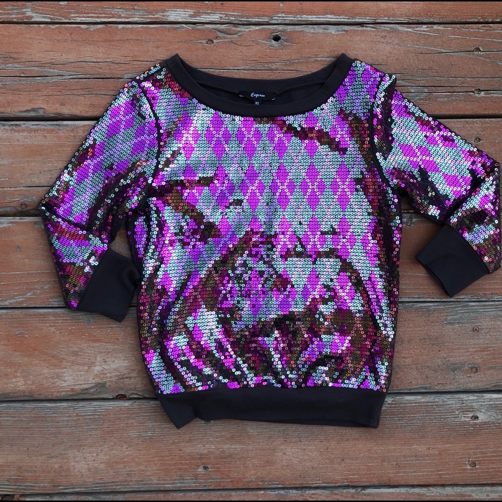 Express Purple Silver Sequin Sweatshirt Top Shirt - Picture 4 of 8